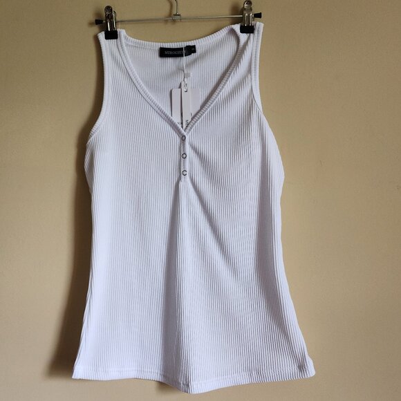 MEROKEETY Ribbed Knit Button Sleeveless Summer White Shirt Sz Small NWT - Picture 2 of 6
